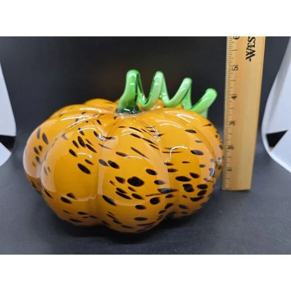 ART GLASS HAND BLOWN PUMPKIN LONG CURLY STEM HALLOWEEN FALL AUTUMN DECOR 7” - Picture 5 of 11